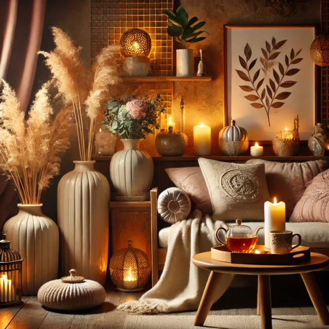 DALL·E 2025-02-20 19.15.11 - A cozy home interior with warm lighting, soft cushions, decorative vases, and houseplants. A comfortable reading nook with a blanket and a cup of tea