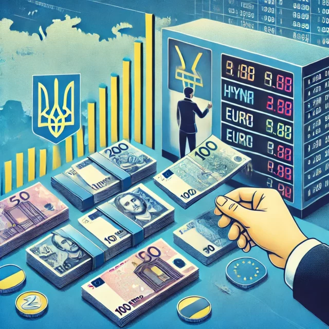 DALL·E 2025-02-21 11.51.20 - An illustrative image showing fast and beneficial currency exchange in Ukraine. The image features Ukrainian hryvnia, euro, and Polish zloty banknotes