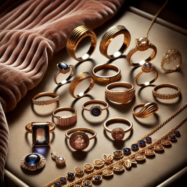 DALL·E 2025-02-24 12.07.06 - A stylish and elegant jewelry display featuring rings of various designs on a luxurious velvet background. The rings include delicate minimalist bands