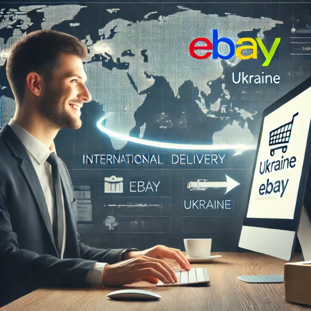 DALL·E 2025-02-27 13.39.50 - A professional and informative image of a person sitting at a computer, browsing eBay on the screen, and placing an order for international delivery.