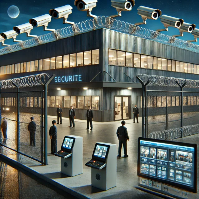 DALL·E 2025-03-17 14.08.15 - A large commercial building with multiple security measures_ CCTV cameras on every corner, security personnel at the entrance, a high metal fence with