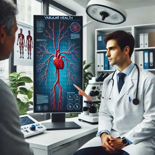 DALL·E 2025-03-18 09.34.32 - A professional angiologist surgeon in a medical office, consulting a patient. The doctor is explaining vascular health using a digital screen displayi