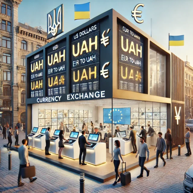 DALL·E 2025-03-25 04.11.39 - A modern currency exchange office in Kyiv, Ukraine. The building has a clean and professional look with digital boards displaying currency exchange ra