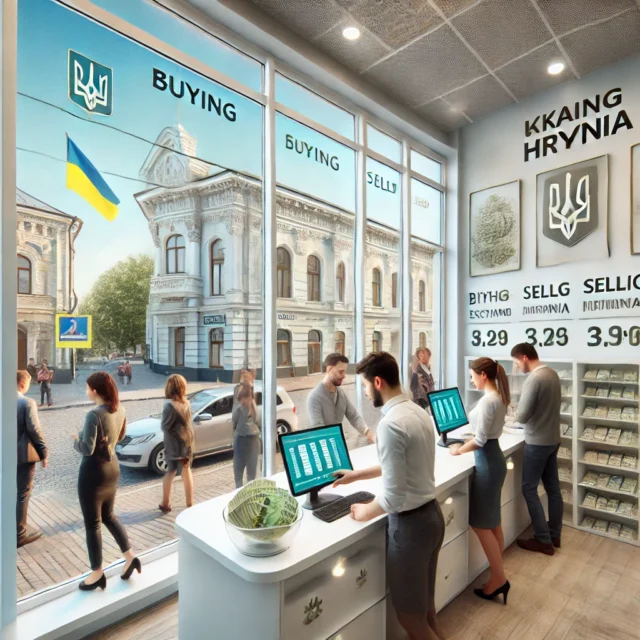 DALL·E 2025-03-25 08.22.37 - A modern and clean currency exchange office in Lutsk, Ukraine. Inside, people are exchanging money at the counter. One person is reading a digital scr