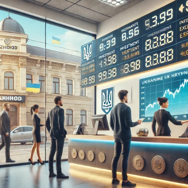 DALL·E 2025-03-25 08.39.43 - A modern and clean currency exchange office in Uzhhorod, Ukraine. Inside, people are exchanging money at the counter, with one person checking investm